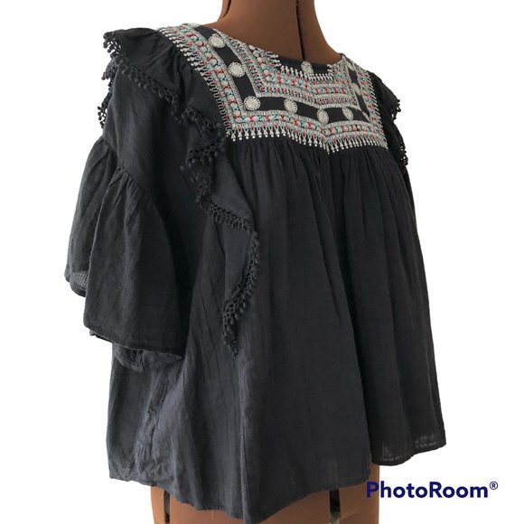 TopShop Black Cotton Babydoll Top with Metallic Embroidery - Picture 6 of 8